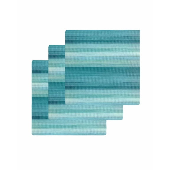 Teal Turquoise Aqua Ombre Kitchen Dish Towels for Drying Dishes Set of 3, Contemporary Abstract Lines Waffle Weave Microfiber Terry Hand Tea Bathroom Towels Quick Dry & Absorbent Towel 12x12