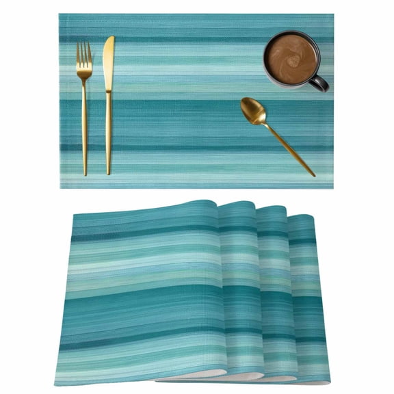 Teal Turquoise Aqua Ombre Placemats Set of 6, Cotton Linen Fabric Place Mats, Contemporary Abstract Lines Washable Decorative Table Mats Protector for Home Kitchen Dining Wedding Party Coffee Tables