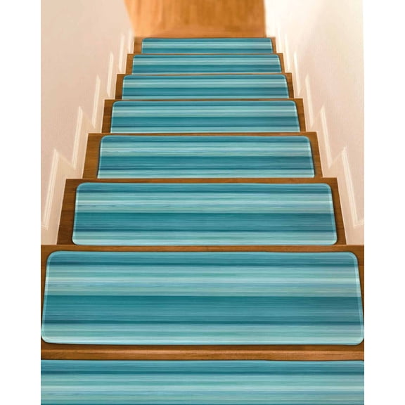 Teal Turquoise Aqua Ombre Stair Treads for Wooden Steps Indoor Runner Rug Carpet, Contemporary Abstract Lines 15 Pieces Peel and Stick Staircase Step Treads Covers Washable Throw Door Mats, 30"x8"