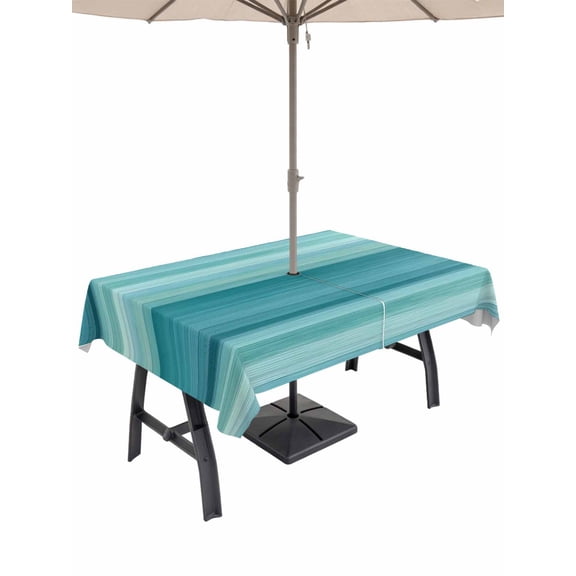 Teal Turquoise Aqua Ombre Table Cloth Rectangle Outdoor Tablecloth, Contemporary Abstract Lines Waterproof Table Cover with Umbrella Hole and Zipper for Party/Dining/Patio/Wedding 60x102 Inch
