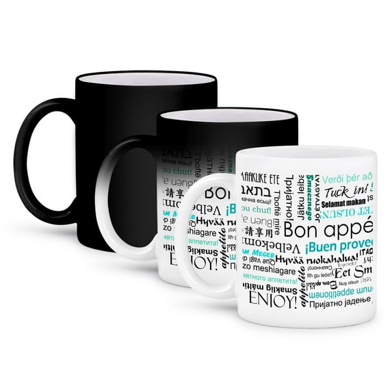 3dRose, Teal Turquoise Blue Bon Appetit Kitchen Art Typography - Enjoy Your Food in different languages, 11oz Magic Transforming Mug