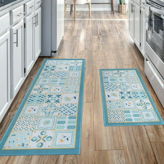 Teal Turquoise Boho Kitchen Mats for Floor Set of 2, Daisy Geometric Abstract Kitchen Floor Mat Runner Carpet Teal Yellow Decor and Accessories for Kitchen Home, 17x30 and 17x47 Inches
