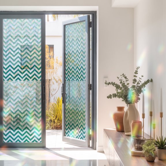 Teal Turquoise Chevron Stripes Window Privacy Film, Rainbow Film Decorative Window Sticker 23.6x78.7in, Ombre Abstract Art Sun Blocking Static Stained Glass Cling Tint Non-Adhesive