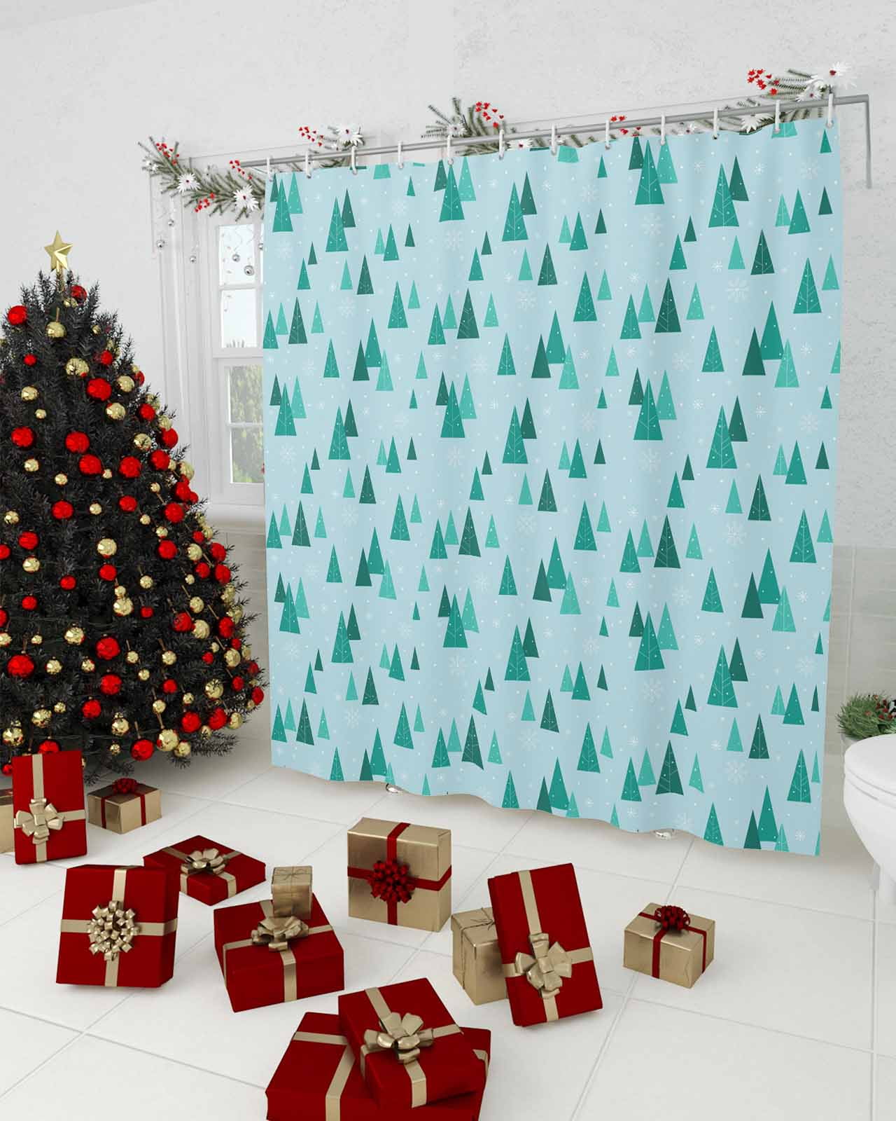 Teal Turquoise Christmas Tree Shower Curtain, Xmas Tree Snowflake Blue