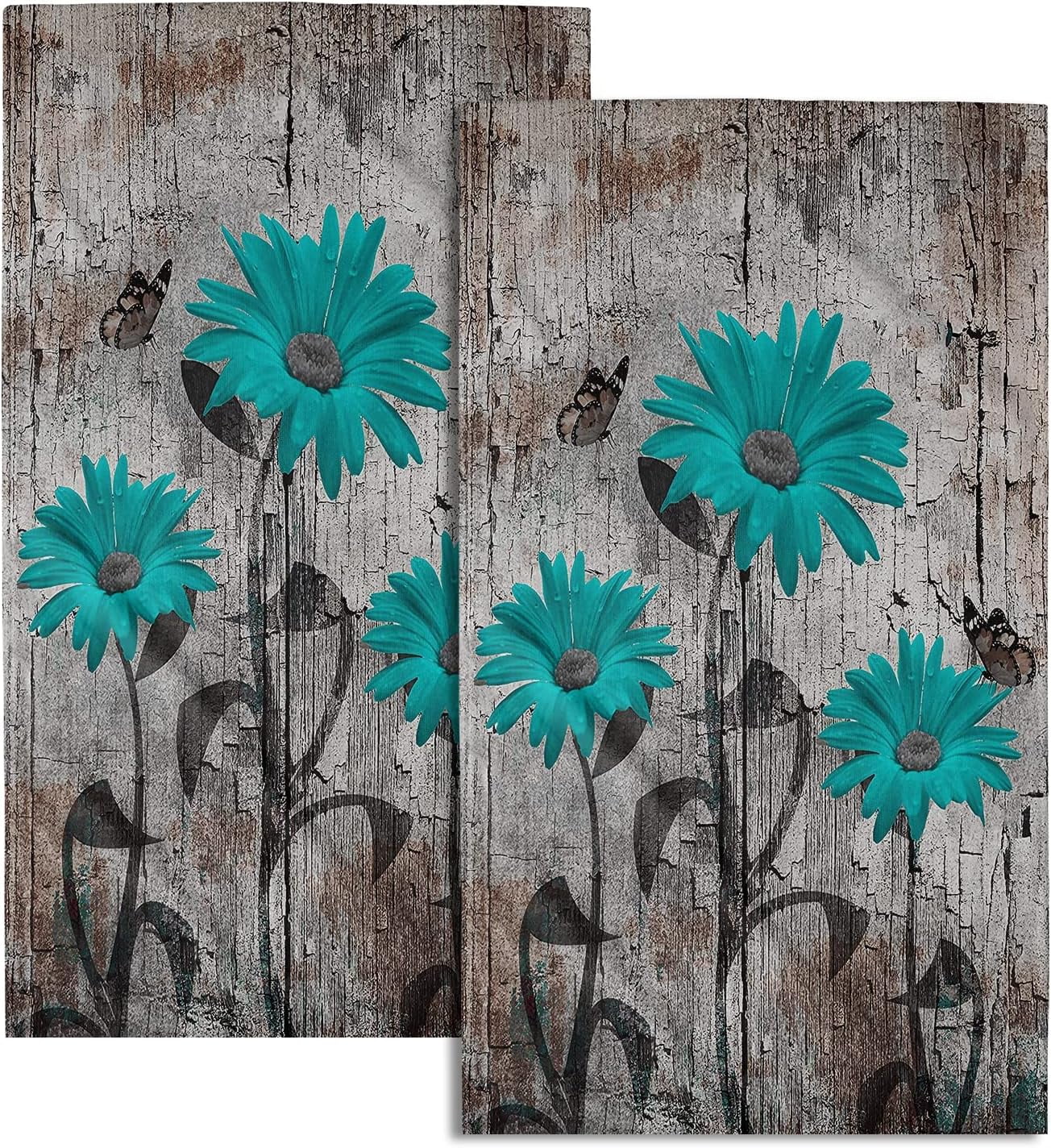 Teal Turquoise Daisy Butterfly Hand Towels Set of 2 Blue Floral Decorative Rustic Bath Towel Kitchen Dish Guest Towel for Home Spa Yoga Sport Hotel