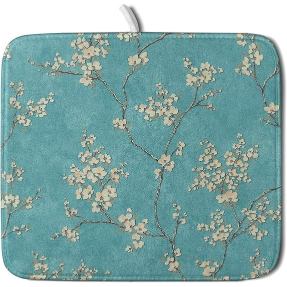 Teal Turquoise Dish Drying Mat for Kitchen Counter Spring Floral Drying Mat 16 x 18 Inch with Absorbent Reversible Microfiber Dish Drying Pad Dish Rack Drainer Mat for Coffee Bar