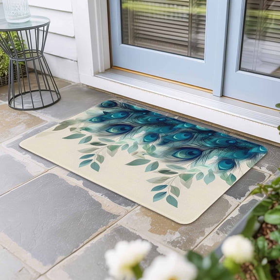 Teal Turquoise Door Mat Indoor Outdoor, Peacock Feathers Aesthetics Eucalyptus Non Slip Welcome Mat with Rubber Backing, Absorbent Fabric Front Door Mats Entryway Rug for Home Patio Entrance 24"x36"
