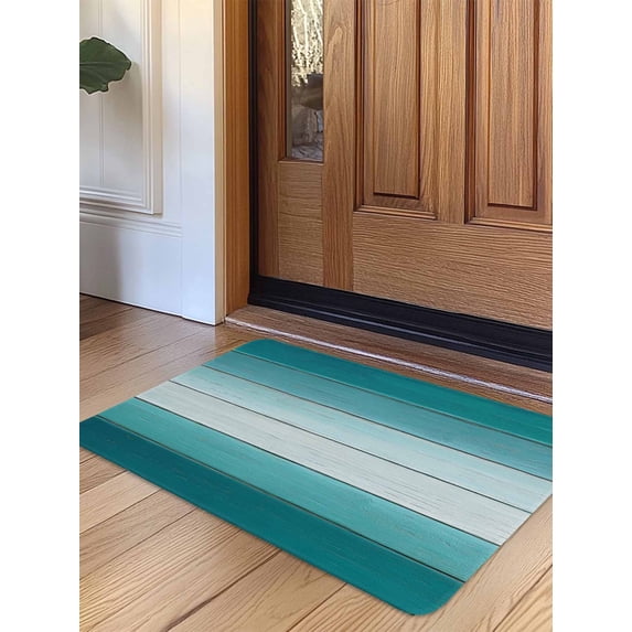 Teal Turquoise Door Mat Indoor Outdoor Entrance,Non Slip Small Rug for Kitchen Bathroom Entryway Rug,Farmhouse Abstract Gradient Wooden Plank Washable Doormat Floor Mat 16x24 Inch