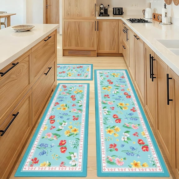 Teal Turquoise Floral Kitchen Rugs Sets of 3, Flower Leaf Kitchen Mat for Floor Area Runner Rug Washable, Farmhouse Teal Kitchen Decor and Accessories