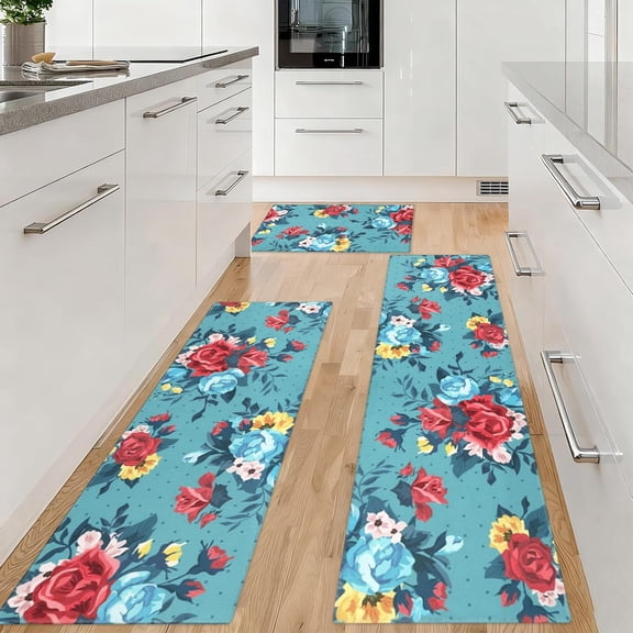 Teal Turquoise Floral Kitchen Rugs Sets of 3 Piece, Red Rose Flower Boho Kitchen Mat for Floor Area Runner Rug Washable, Farmhouse Teal Kitchen Decor and Accessories
