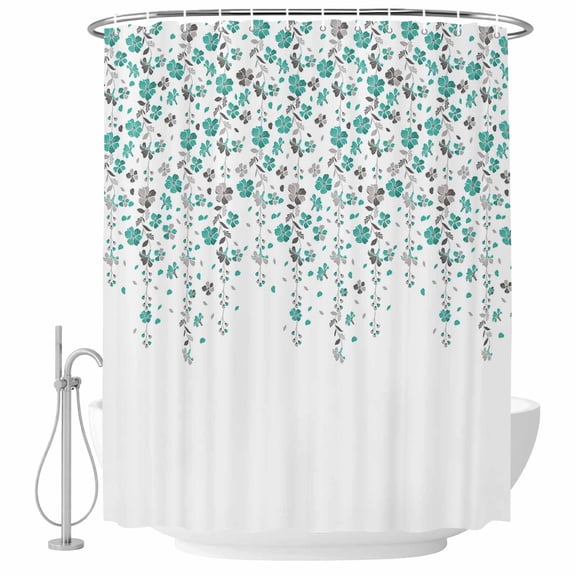 Teal Turquoise Grey Floral Fabric Shower Curtain Spring Flowers Washable Shower Curtains for Bathroom, Waterproof Bath Curtain with Hooks Home Decor 36x72in