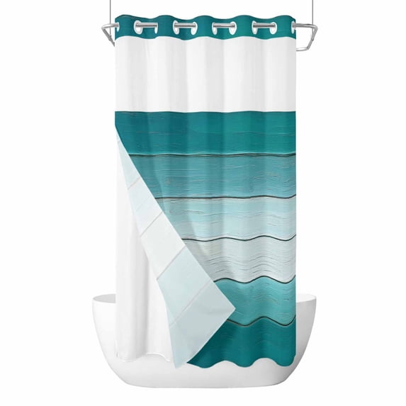 Teal Turquoise No Hook Shower Curtain Waterproof,Bathroom Curtains with Snap in Liners and See Through Top Window,Farmhouse Abstract Gradient Wooden Plank Hotel Bathtub Curtains Shower 36"Wx72"L