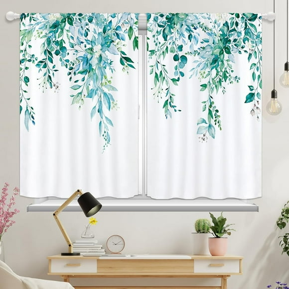 Teal Turquoise Kitchen Curtains 36 Inch Length Eucalyptus Leaves Floral Flower Kitchen Window Curtains Over Sink Plant Cafe Small Short Bathroom Curtains Window Treatment Tiers Drapes