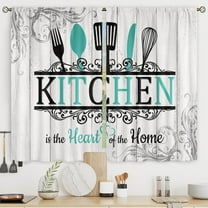 Teal Turquoise Kitchen Curtains Short Small Funny Quotes Farmhouse Wooden Plank Wood Knife and Spoon Rod Pocket Black White Bedroom Living Room Treatment Fabric 2 Panels 27.5Wx39H Inch