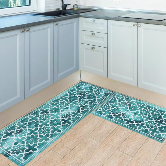 Teal Turquoise Kitchen Mats Set, Runner Area Rug Floor Mat, 17x30 and 17x47 Inches, Retro Farmhouse Boho Green Kitchen Decor and Accessories,Retro White Teal Pattern