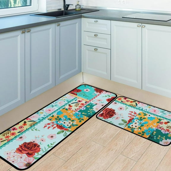 Teal Turquoise Kitchen Mats Set, Runner Area Rug Floor Mat, 17x30 and 17x47 Inches, Retro Farmhouse Boho Green Kitchen Decor and Accessories, Floral