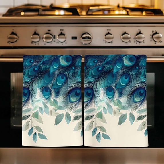 Teal Turquoise Kitchen Towels Set of 4, Peacock Feathers Aesthetics Eucalyptus Absorbent Dish Towels for Kitchen, Microfiber Hand Towel, Quick Drying Tea Towel for Cleaning Decorative Dishcloths
