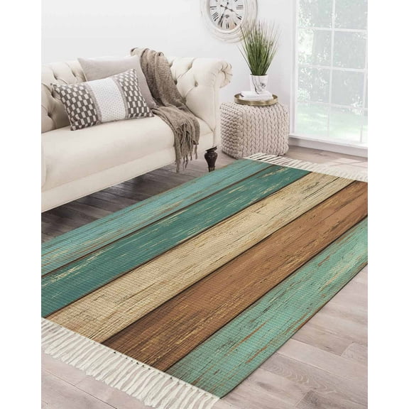 Teal Turquoise Large Area Rug 4x6ft Woven Runner Rug,Retro Farmhouse Wood Grain Brown Washable Living Room Bedroom Kitchen Bathroom Classroom Carpet with Tassels,Indoor Outdoor Throw Door Mat