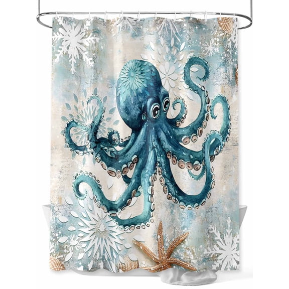 Teal Turquoise Octopus Shower Curtain, Summer Ocean Coastal Marine Life Nautical Waterproof Shower Curtain Set with 12 Hooks Lightweight Washable Fabric Shower Curtains for Bathroom 72x78 Inches