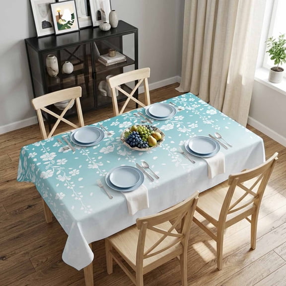 Teal Turquoise Ombre Flowers Rectangle Tablecloth 52x70 Inch Plant Leaves with Floral Waterproof Polyester Tablecloth for Dining Table, Washable Table Cover for Kitchen Dining Room Wedding