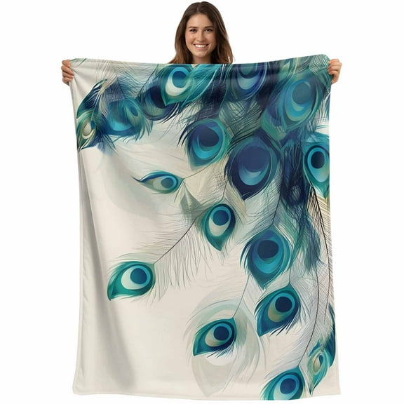 Teal Turquoise Peacock Print Throw Blankets, Cream Color Soft Fleece Blanket Decorative for Home Sofa Couch Chair Living Bedroom, 50x60 inches,