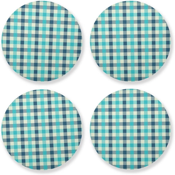 Teal Turquoise Plaid Tartan Drinks Coasters, Non-Scratch Cork Base Round Cups Mats for for Wooden Coffee Table, Cool Housewarming Gift for Home Decor