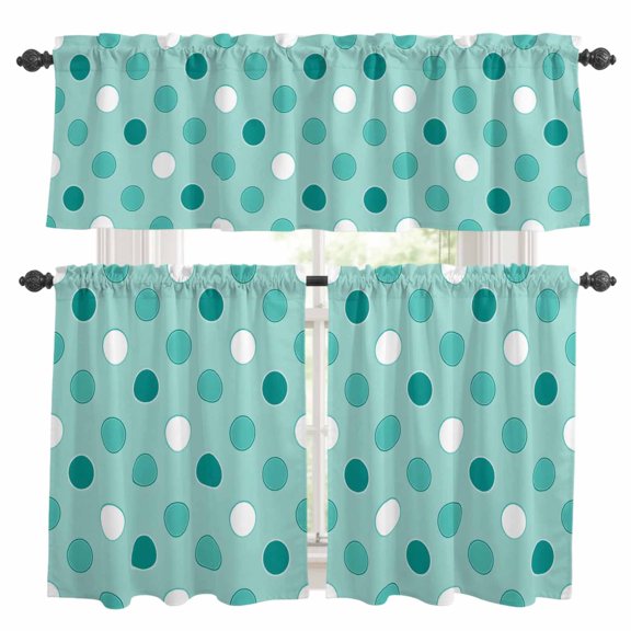 Teal Turquoise Polka Dots Kitchen Curtains Valances 3 Piece Set, Modern Minimalist Geometric Circles Spots Rod Pocket Tier Curtain and Valance Drapes for Small Window 24 Inch Length for Bedroom Cafe