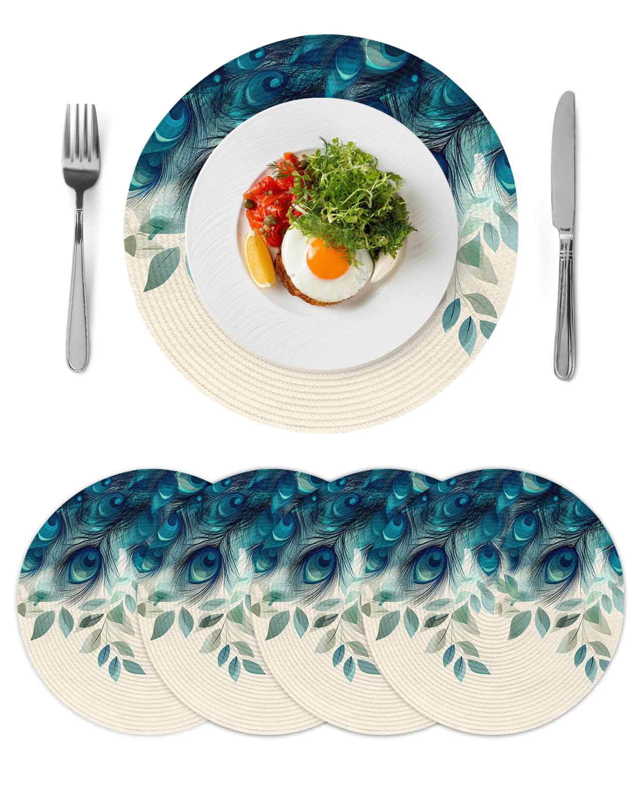 Teal Turquoise Round 13 Inch Placemats Set of 4, Peacock Feathers ...