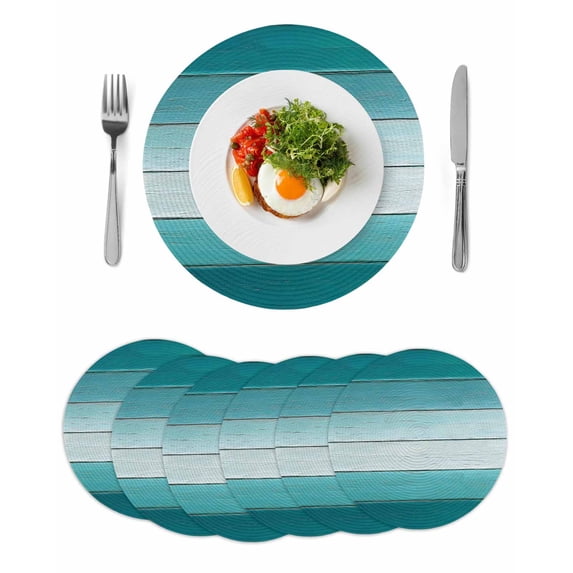 Teal Turquoise Round 15 Inch Placemats Set of 6, Farmhouse Abstract Gradient Wooden Plank HeatResistant Non Slip Place Mats for Dining Table, Wipeable Braided Kitchen Table Mats for Housewarming
