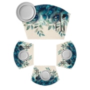 Teal Turquoise Round Table Placemats Set of 2 Wedge Placemats, Peacock Feathers Eucalyptus Place Mats for Dining Table Set Washable Mats Kitchen Decor for Indoor Outdoor Wipe Clean