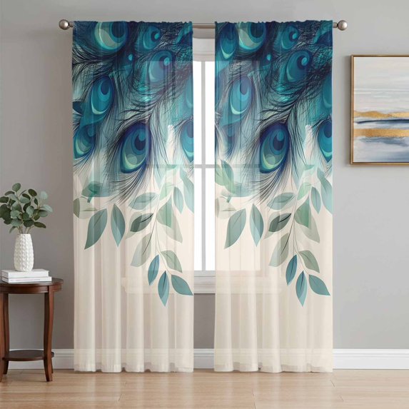 Teal Turquoise Semi Sheer Curtains 108 Inch Length 2 Panels Set, Peacock Feathers Aesthetics Eucalyptus Sheer Kitchen Curtain Privacy Voile Window Curtain for Living Room Bedroom Rod Pocket Drapes