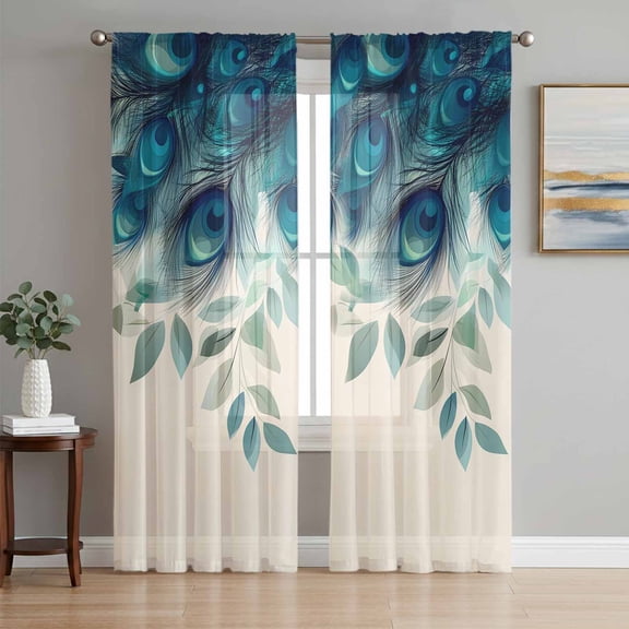 Teal Turquoise Semi Sheer Curtains 108 Inch Length 2 Panels Set, Peacock Feathers Aesthetics Eucalyptus Sheer Kitchen Curtain Privacy Voile Window Curtain for Living Room Bedroom Rod Pocket Drapes