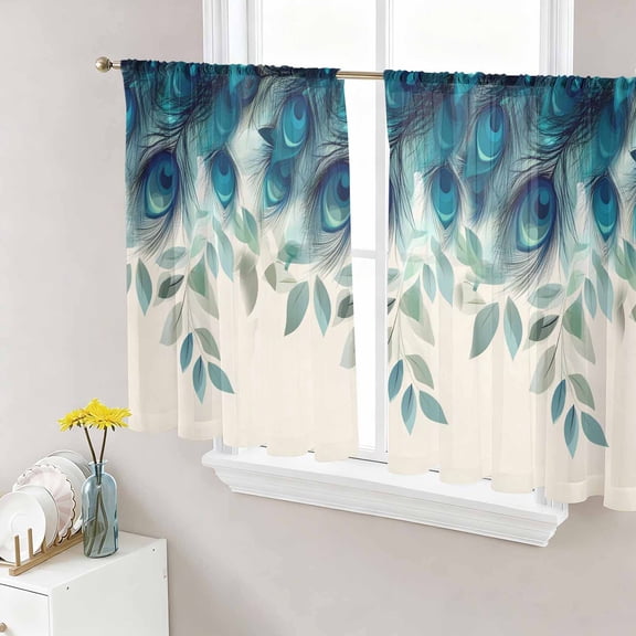 Teal Turquoise Semi Sheer Window Curtains 45 Inches Long, Peacock Feathers Aesthetics Eucalyptus Rod Pocket Voile Silky Chiffon Curtain Light Filtering Drapes for Living Room, 52"x45", 2 Panels