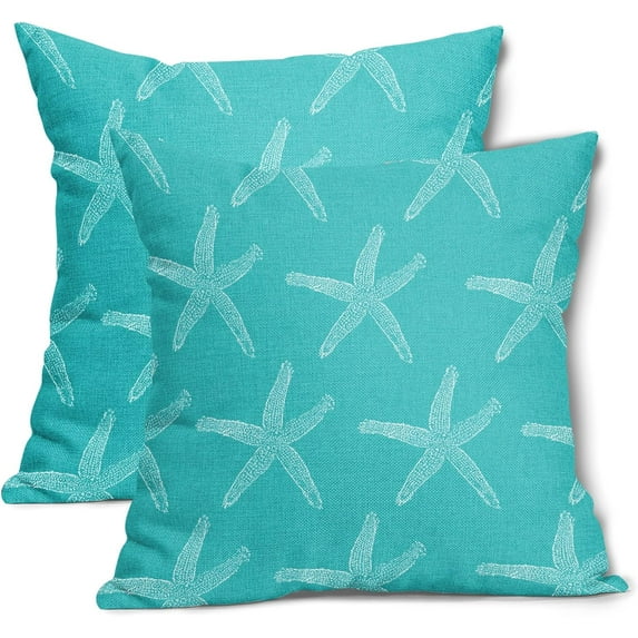 Teal Turquoise Starfish Pillow Covers 16X16 Inch Coastal Beach Nautical Couch Pillow Cases Summer Ocean Aqua Throw Pillows Set of 2 Home Decor for Living Room Bedroom Cushion Outdoor