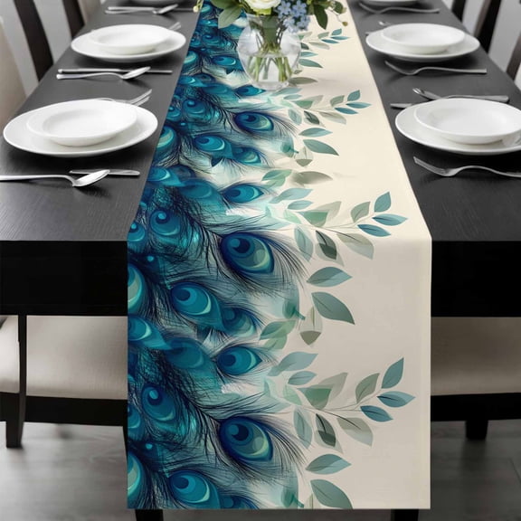 Teal Turquoise Table Runner 72 Inches Long, Peacock Feathers Aesthetics Eucalyptus Kitchen Coffee Dining Table Decoration for Home Party Birthday Wedding Home Decor 18x72 Inches