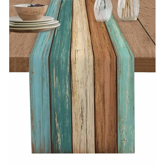 Teal Turquoise Table Runner Retro Farmhouse Wood Grain Brown Tablerunners 13 x 36 Inch, Table Decorations Tabletop Scarf for Summer Gathering Holiday Farmhouse Kitchen Dining Decor