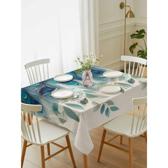 Teal Turquoise Tablecloth Rectangle Table Cloth 52x70, Waterproof Tablecloth Outdoor Table Cloth, Peacock Feathers Aesthetics Eucalyptus Washable Table Cover for Kitchen Dinning Party