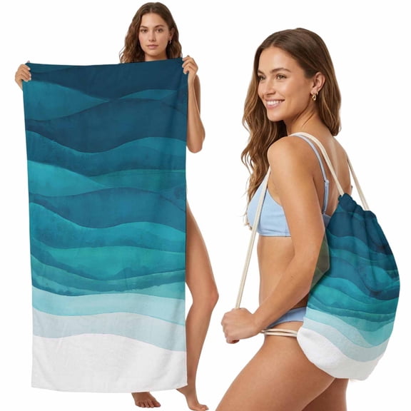Teal Turquoise Waves 2-in-1 Beach Towel Backpack,Quick Dry Beach Towel Blanket Bag,Ombre Coastal Ocean Water Abstract Portable Bath Pool Yoga Swim Picnic Travel Camping Towels 31.5x63 Inches