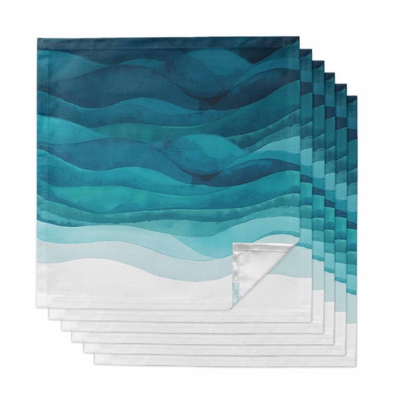 Teal Turquoise Waves Cloth Napkins, Ombre Coastal Ocean Water Abstract Washable and Reusable Dinner Napkins Set of 6, Table Napkin for Kitchen Party Birthday Wedding Hotel Housewarming 20"x20"