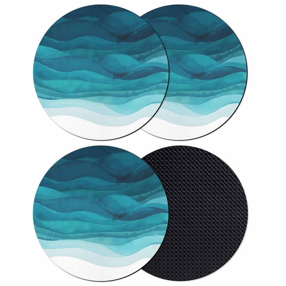 Teal Turquoise Waves Coasters Set of 4, Soft Absorbent Coasters for Drinks, Ombre Coastal Ocean Water Abstract Non-Slip Cup Coaster Mat with Rubber Bottom for Home Kitchen Coffee Bar Table Decor 4"