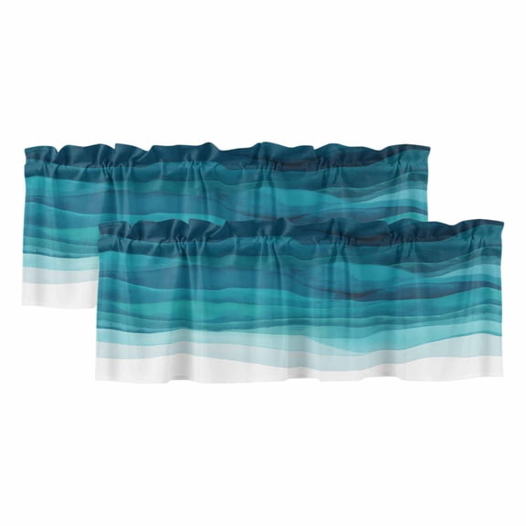 Teal Turquoise Waves Curtain Valances for Windows, Kitchen Valance Window Treatments Panel 2 Pack, Ombre Coastal Ocean Water Abstract Rod Pocket Short Curtains for Bathroom Bedroom 54 x 18 Inch