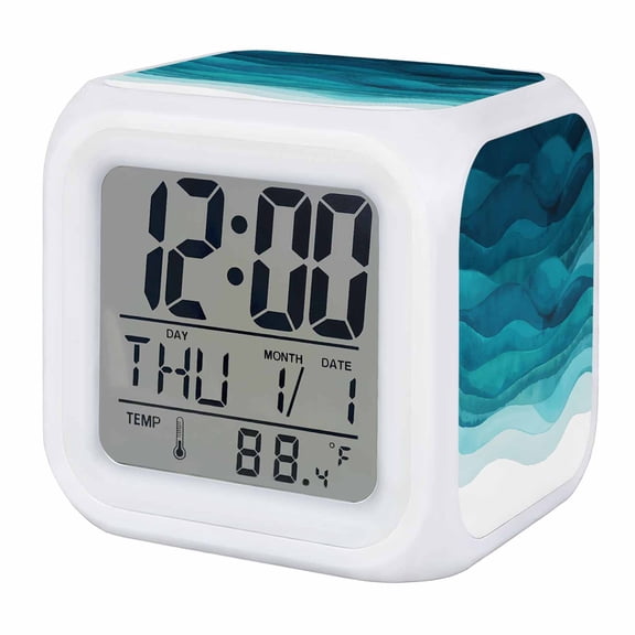 Teal Turquoise Waves Digital Alarm Clock for Bedrooms,Smart LED Alarm Clock with 7 Color Night Light,Ombre Coastal Ocean Water Abstract Silent Wake Up Clocks for Sleep Study Cooking 3.2"x3.2"