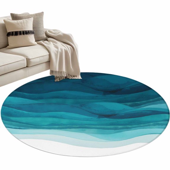 Teal Turquoise Waves Large Area Rugs for Bedroom Living Room, Soft Non Slip Carpet Bedside Rug, Ombre Coastal Ocean Water Abstract Round Floor Cover Kitchen Accent Rug 3' for Dining Room/Office