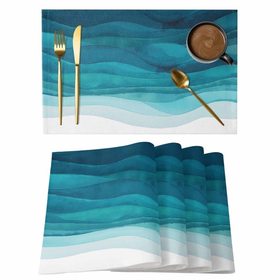 Teal Turquoise Waves Placemats Set of 2,Cotton Linen Fabric Place Mats,Ombre Coastal Ocean Water Abstract Washable Decorative Table Mats Protector for Home Kitchen Dining Wedding Party Coffee Tables