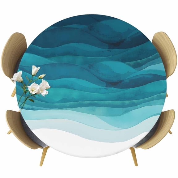 Teal Turquoise Waves Table Cloth, Round Fitted Tablecloths with Elastic Edge, Ombre Coastal Ocean Water Abstract Wipeable Waterproof Table Cover for Kitchen Wedding 36-44 Inches