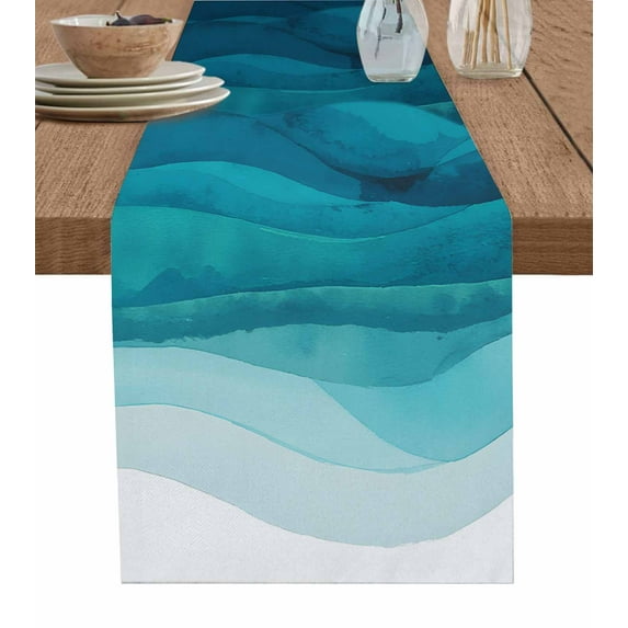 Teal Turquoise Waves Table Runner 108 Inches, Ombre Coastal Ocean Water Abstract Bed Runner Dresser Scarves Tabletop for Indoor Outdoor Parties/Ceremony/Banquet, 13"x 108"
