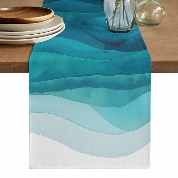 Teal Turquoise Waves Table Runner, Ombre Coastal Ocean Water Abstract Washable Cotton Linen Table Runners 36 Inches Long, Dresser Scarf Runner for Nightstand/End Tables/Round Tables 13''x36''