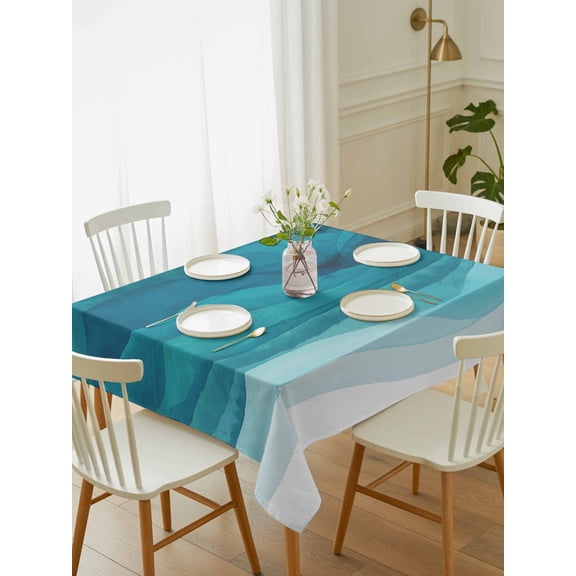 Teal Turquoise Waves Tablecloth Rectangle Table Cloth 52x70, Waterproof Tablecloth Outdoor Table Cloth, Ombre Coastal Ocean Water Abstract Washable Table Cover for Kitchen Dinning Party