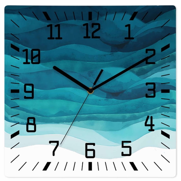Teal Turquoise Waves Wooden Wall Clock Silent Non Ticking, Ombre Coastal Ocean Water Abstract Square Wall Clocks Battery Operated, Decor Clock for Home Office, Living Room, Kitchen, 10 Inch
