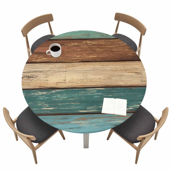 Teal Turquoise Wooden Fitted Tablecloth with Elastic Edged, Round Table Cloth for Dining Table, Rustic Retro Farmhouse Western Country Waterproof Oil Proof Table Cover for Indoor Outdoor 36"-44"